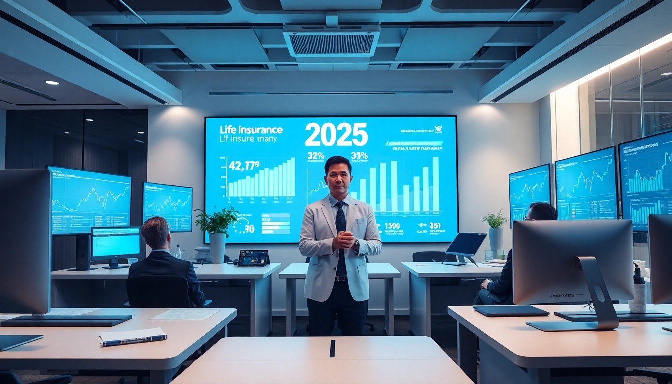 Bureau d’assurance moderne avec des tableaux de bord numériques présentant les plans d’assurance vie 79king pour 2025, mettant l’accent sur la confiance et l’innovation dans la sécurité financière.