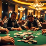 Players engage in a thrilling Poker Game at a luxurious casino, surrounded by chips and cards.