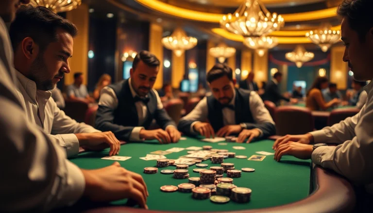Players engage in a thrilling Poker Game at a luxurious casino, surrounded by chips and cards.