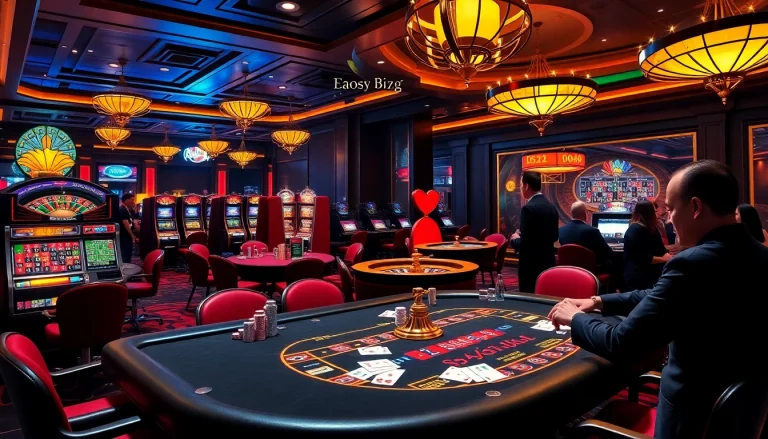 Players enjoying intense poker action at 79king casino with vibrant slot machines and roulette wheels.