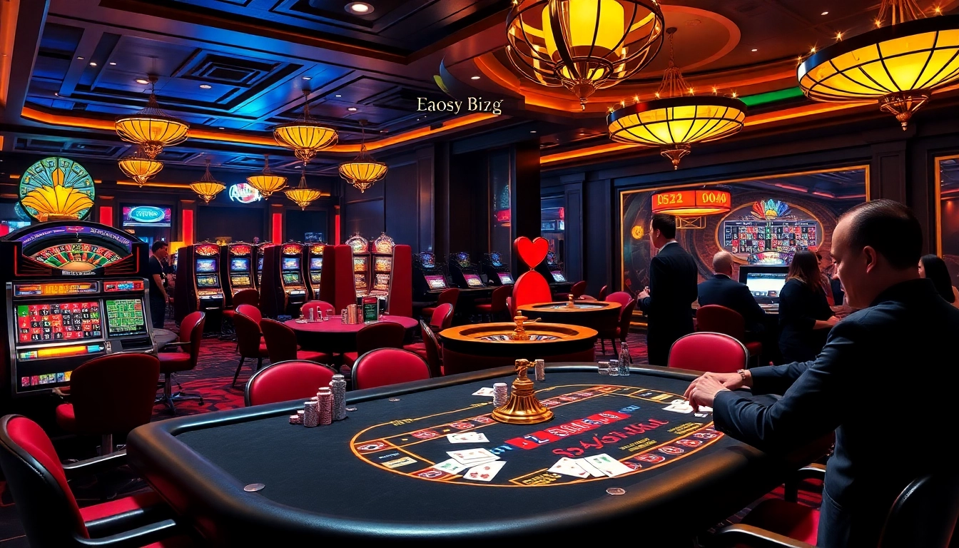 Players enjoying intense poker action at 79king casino with vibrant slot machines and roulette wheels.