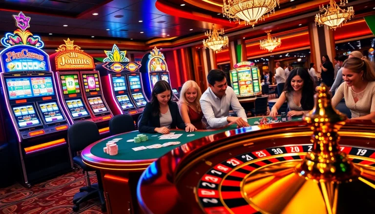 Players enjoying the vibrant atmosphere of 32win, featuring exciting slot machines and poker tables.