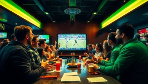 Engage in Sports Betting with enthusiastic bettors enjoying a vibrant sports bar atmosphere.