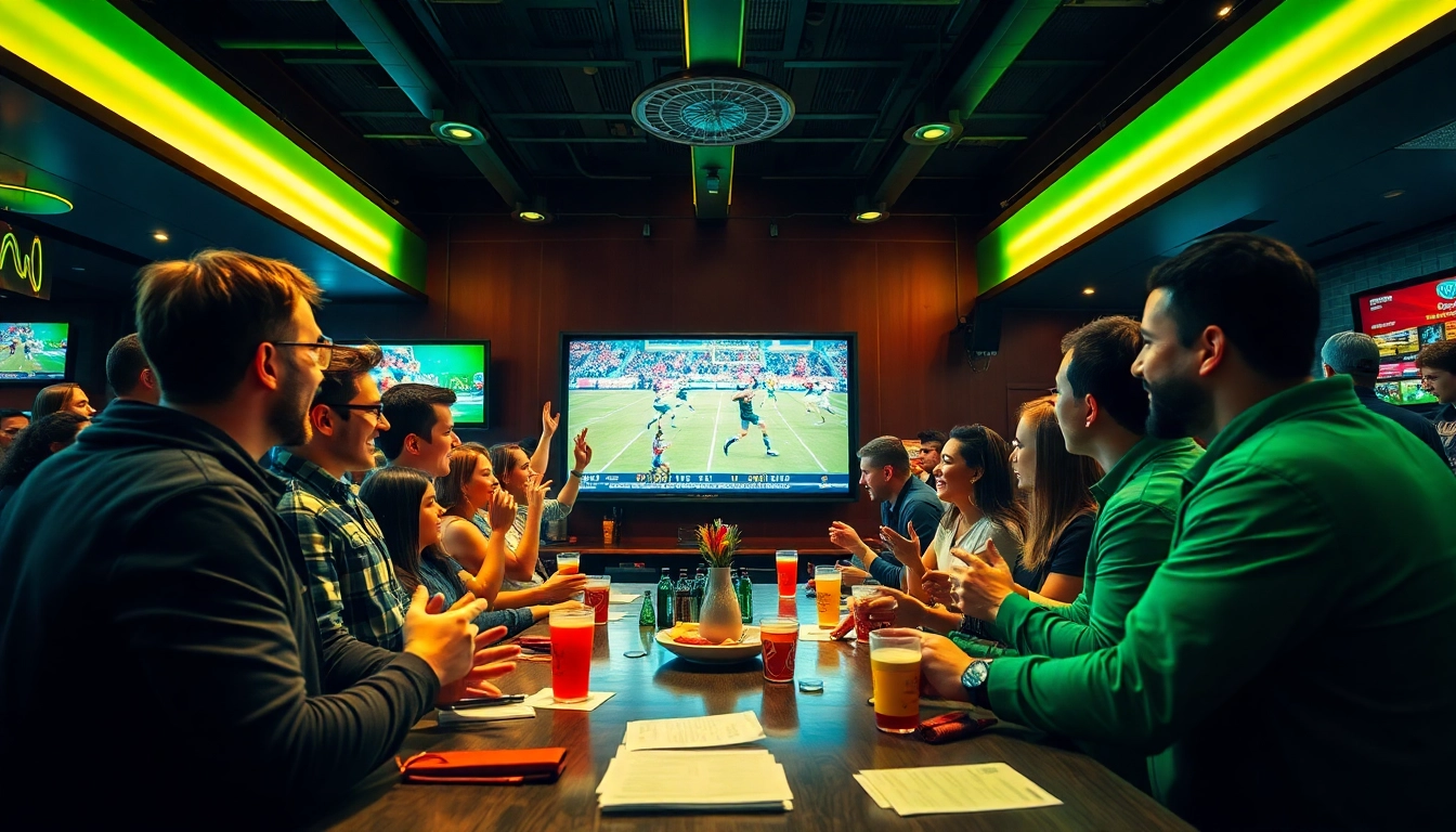 Engage in Sports Betting with enthusiastic bettors enjoying a vibrant sports bar atmosphere.