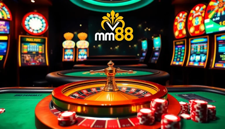 Engaging scene of mm88 online gambling with luxurious roulette and poker chips.