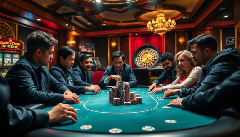 Engaged players at a high-stakes poker table in a casino, highlighting OK8386 betting excitement.