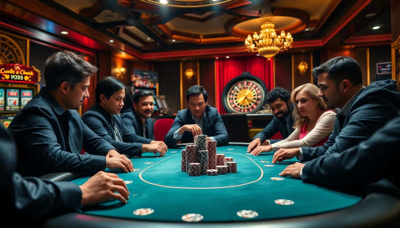 Engaged players at a high-stakes poker table in a casino, highlighting OK8386 betting excitement.