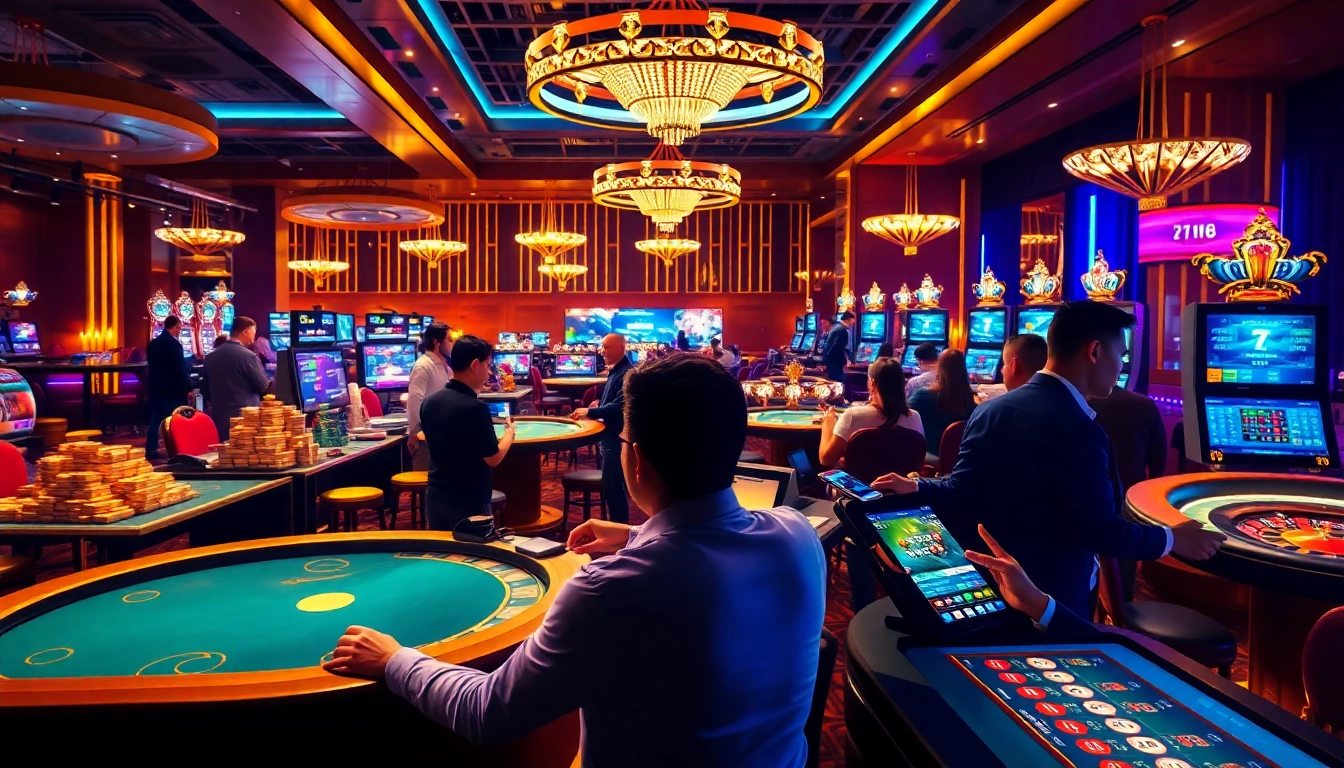 Dynamische Kasino-Szene mit Spielern, die sich mit der Spielplattform und der mobilen App von 79king beschäftigen.