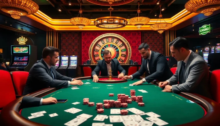 Players engaging at a luxury poker table in an upscale casino showcasing the excitement of OK8386 gaming.