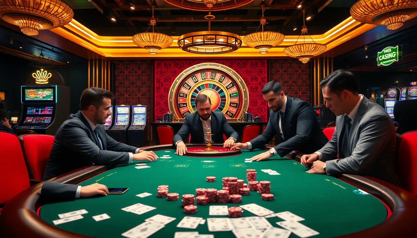 Players engaging at a luxury poker table in an upscale casino showcasing the excitement of OK8386 gaming.