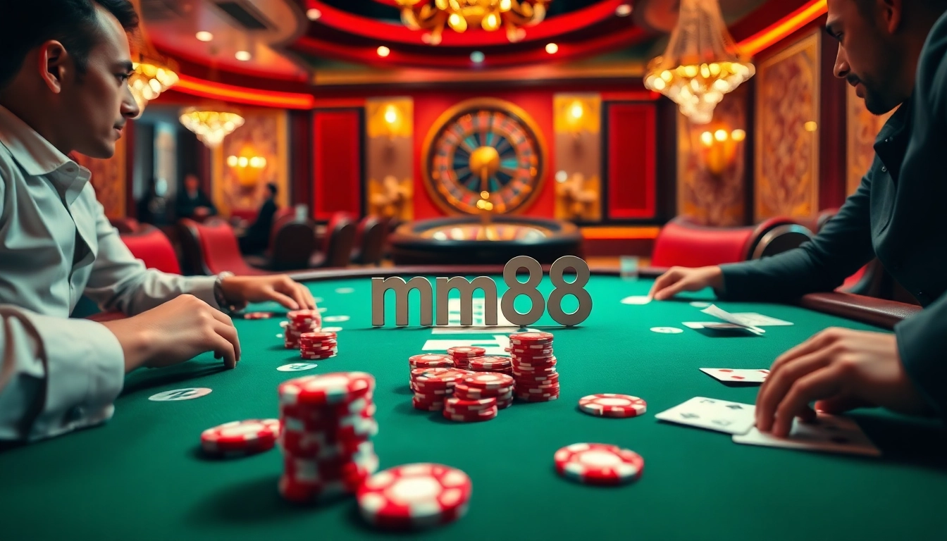 Intense poker gameplay scene at mm88, featuring chips, cards, and a roulette wheel in a luxurious setup.