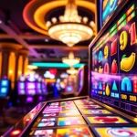 Slot Game yang menampilkan antarmuka mesin slot berwarna-warni dengan simbol menarik.