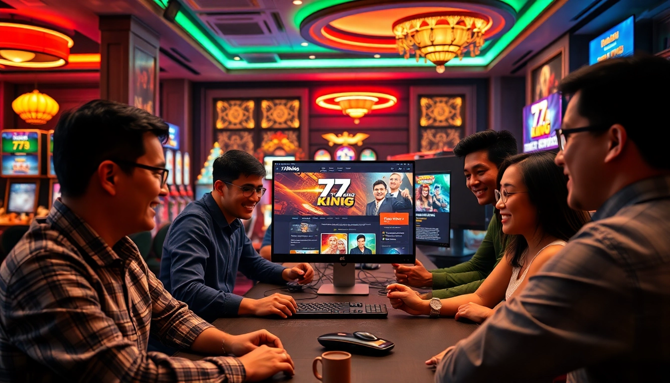 Begeisterte Spieler genießen das Online-Glücksspielerlebnis von 79king mit lebhaftem Dekor.