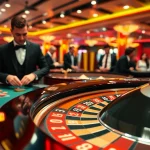 Engaging casino roulette table with vibrant chips and an enthusiastic dealer.