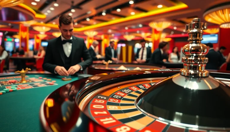 Engaging casino roulette table with vibrant chips and an enthusiastic dealer.