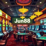 Exciting gaming action at Jun88 casino with vibrant slot machines and players at tables.