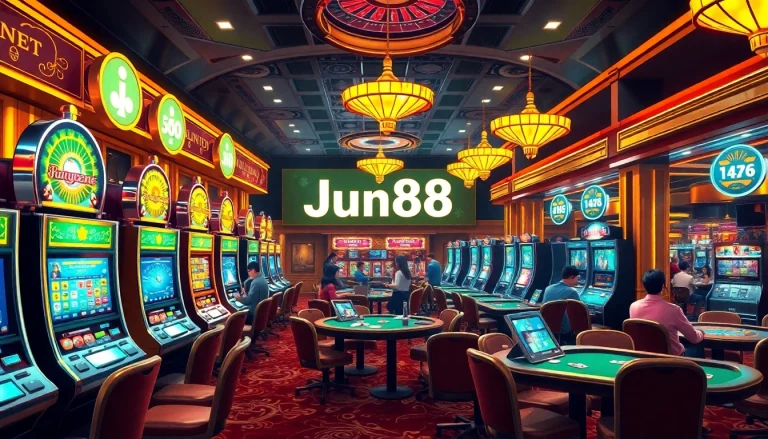 Exciting gaming action at Jun88 casino with vibrant slot machines and players at tables.