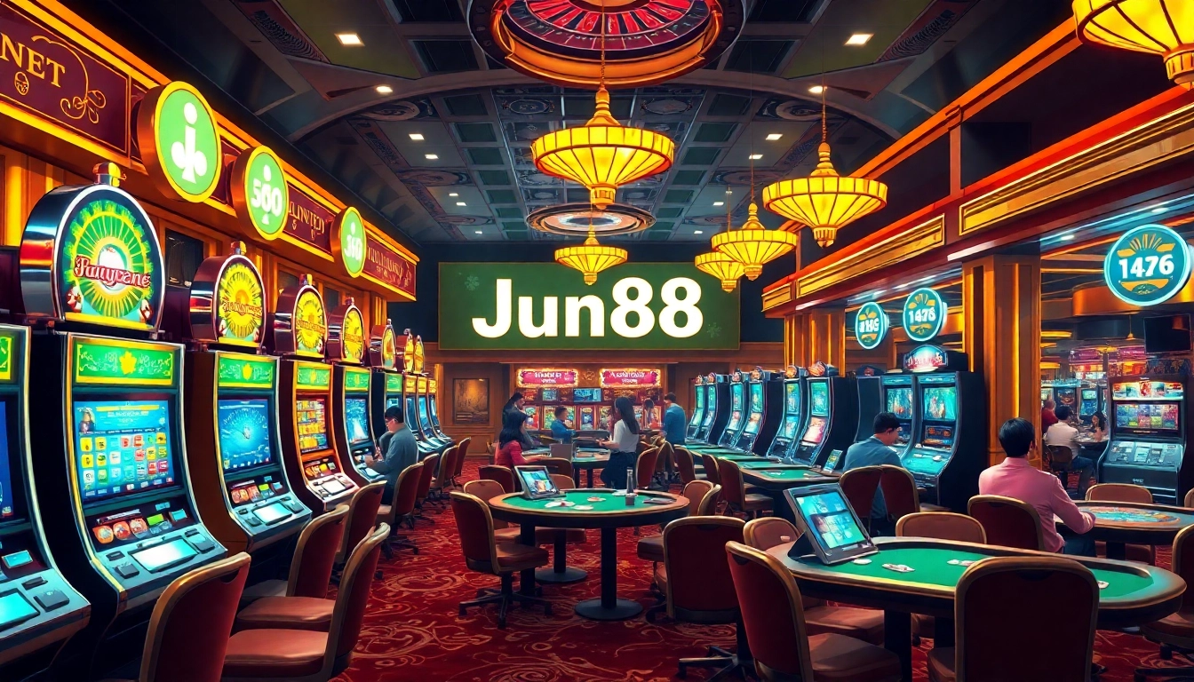 Exciting gaming action at Jun88 casino with vibrant slot machines and players at tables.