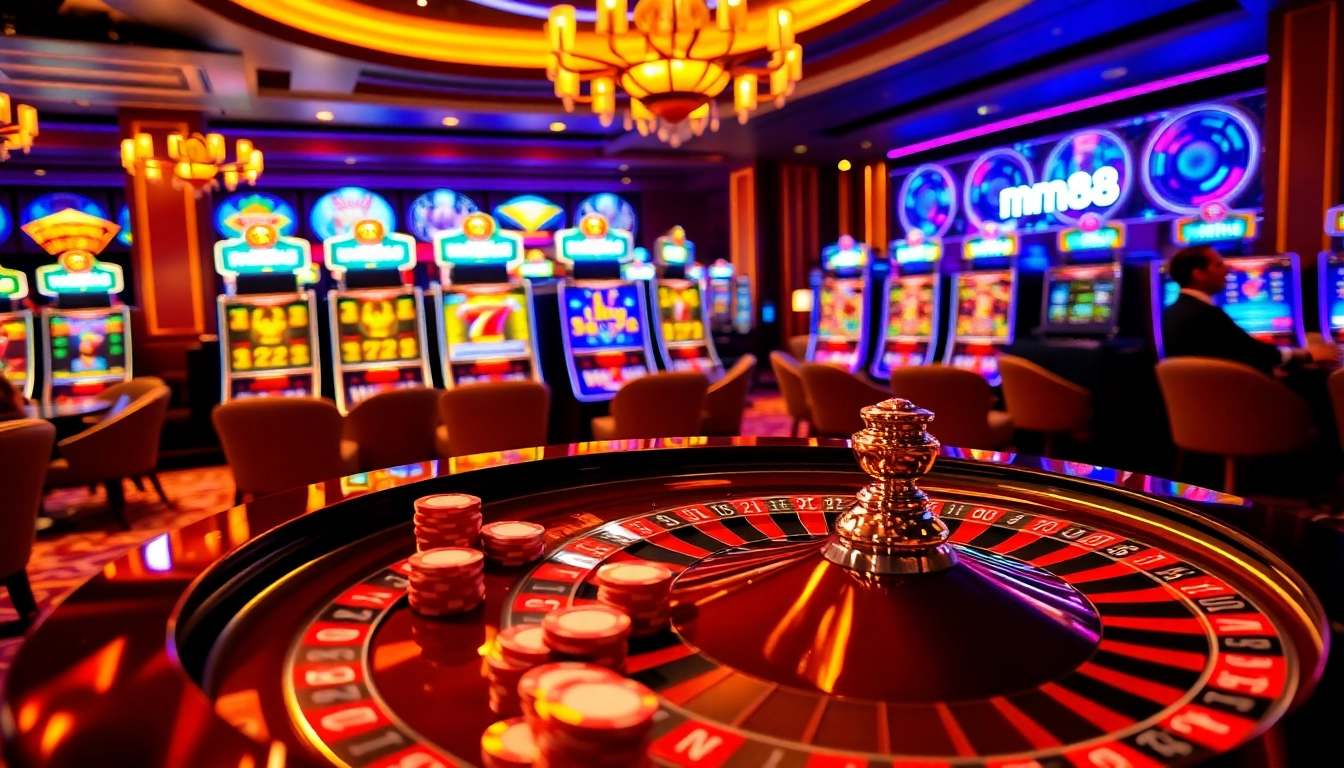 Experience mm88's exciting casino atmosphere with roulette, slots, and vibrant decor.