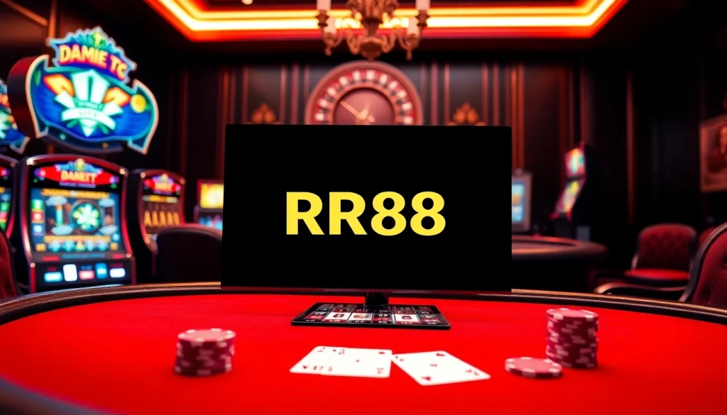 Experience exhilarating gameplay at RR88 with a vibrant casino scene illuminated by modern gaming elements.