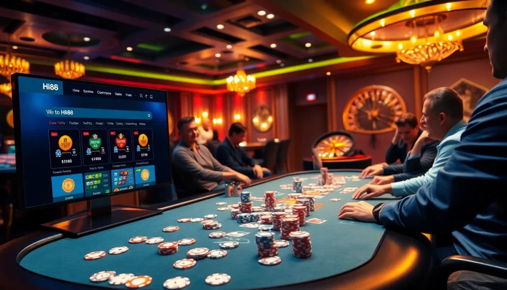 Engage with thrilling Hi88 poker gameplay at a luxury casino table.