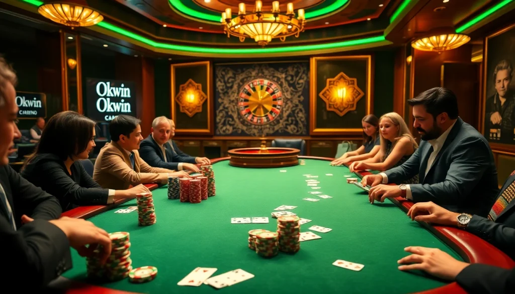 Players engage in poker at a luxurious table, showcasing Okwin's premium gambling experience.