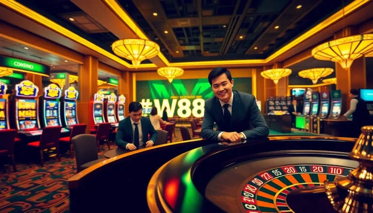 W88 poker players engaged at a luxurious casino table, surrounded by vibrant slot machines.