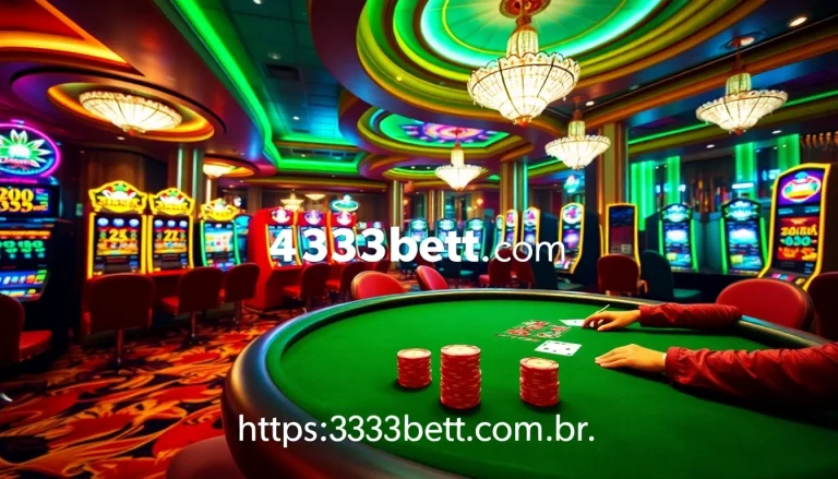 Experience thrilling gaming at https://333bett.com.br with players engaged at poker tables and vivid slot machines.
