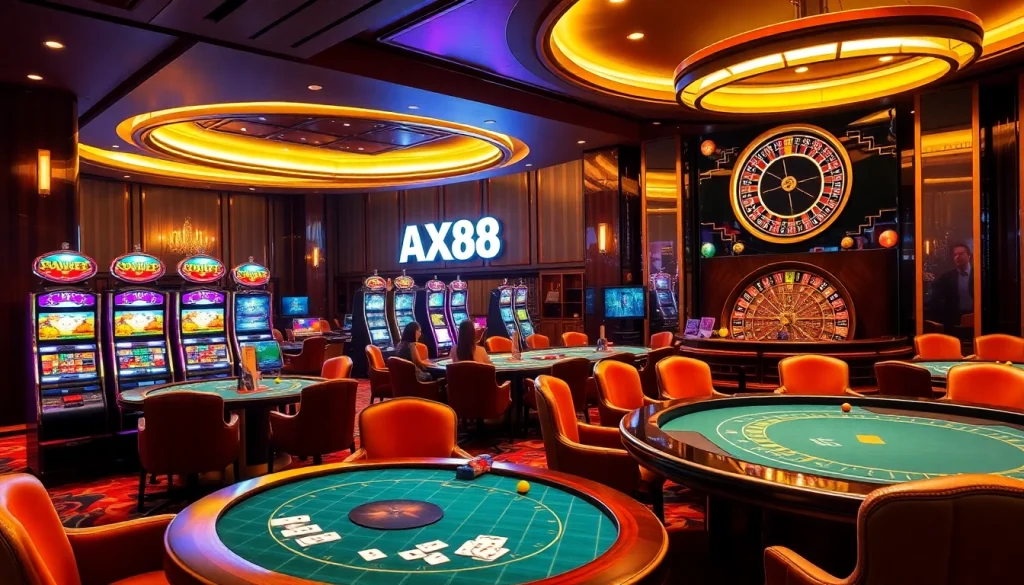 Experience the thrill of AX88 with players enjoying poker and vibrant slot machines in a luxurious casino setting.