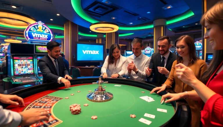 Gambling enthusiasts playing at Vmax roulette table in a luxurious casino.