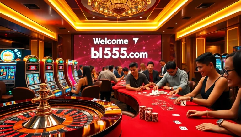 Experience excitement at bl555.com with an opulent casino scene featuring roulette, slots, and players.