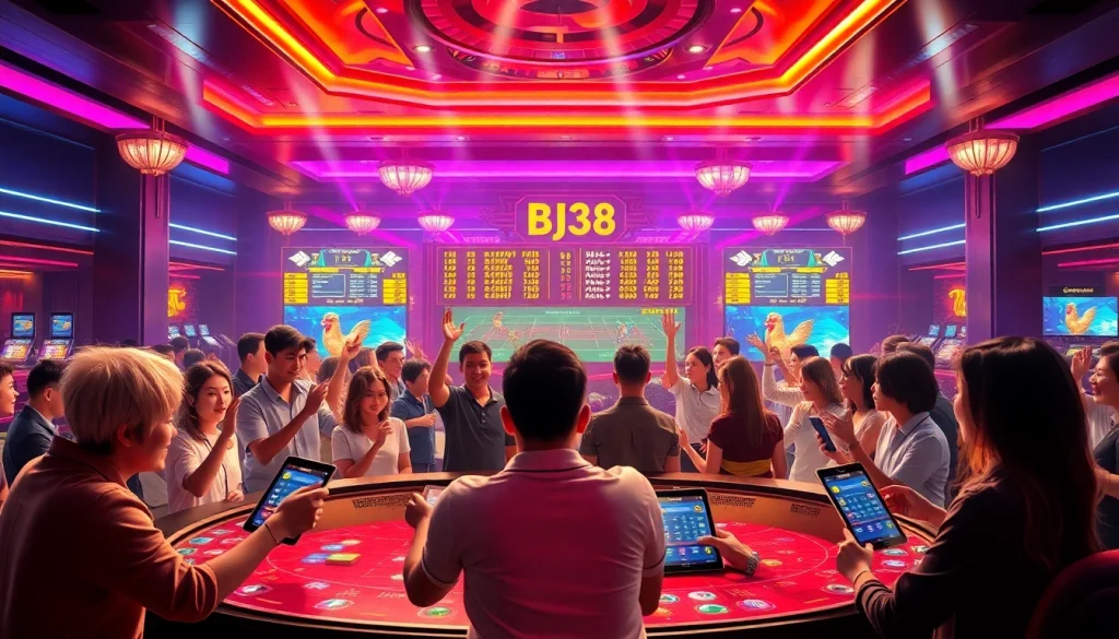 Experience the thrill of Đá Gà BJ38 with live betting and spectators in a vibrant casino atmosphere.