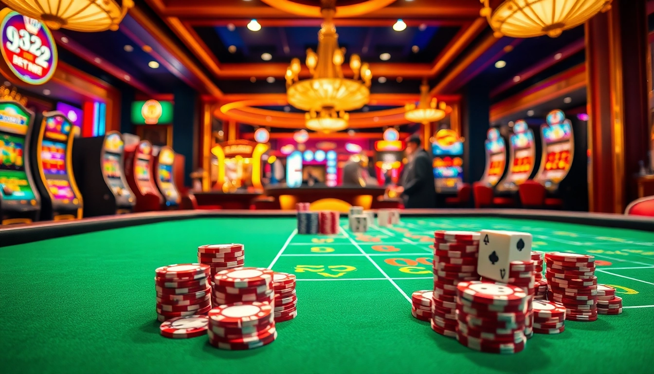 Exciting casino atmosphere featuring 622BET's gaming tables, poker chips, and slot machines.