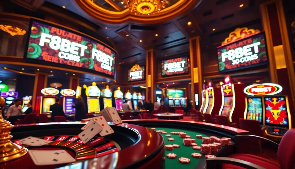 Experience the excitement at F8BET COM casino with poker chips and roulette games.