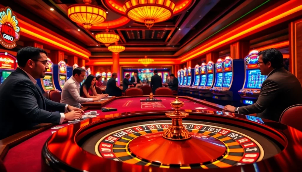 Hello88 poker players engaged at a luxurious casino table amidst a vibrant atmosphere.