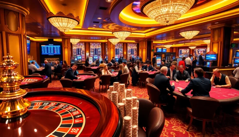 Exciting casino atmosphere at 33win with roulette wheels and poker games.