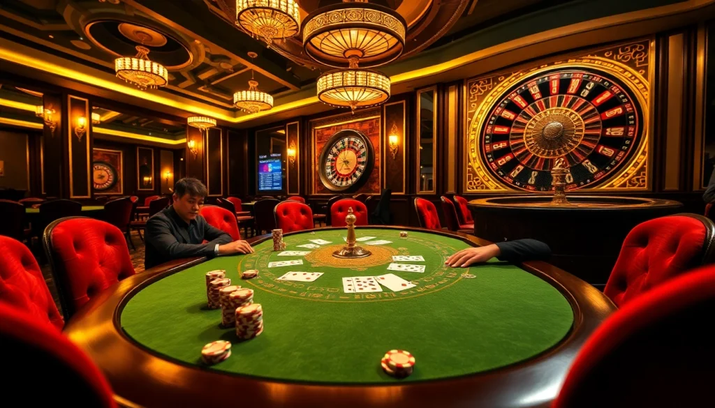 A vibrant casino scene featuring THABET with players at a poker table and a spinning roulette wheel.