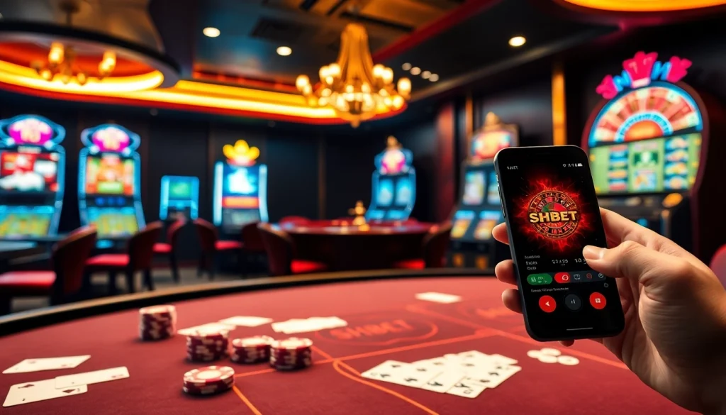 Experience the excitement of online gambling at https://shbetb0.com/ with a luxurious casino scene featuring poker tables and slot machines.