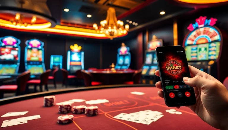 Experience the excitement of online gambling at https://shbetb0.com/ with a luxurious casino scene featuring poker tables and slot machines.