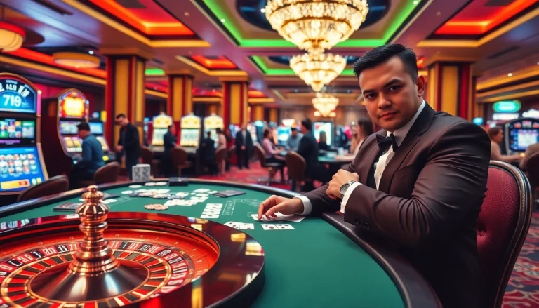 Exciting casino gameplay with vibrant 789f elements, showcasing poker chips and a roulette wheel.