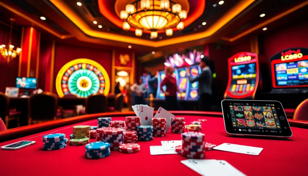 Join the excitement at https://lc88.supply/ with poker chips and a roulette wheel in a vibrant casino atmosphere.