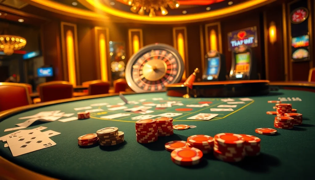 Engaged players enjoying kèo nhà cái at a luxurious casino table with poker chips and cards.