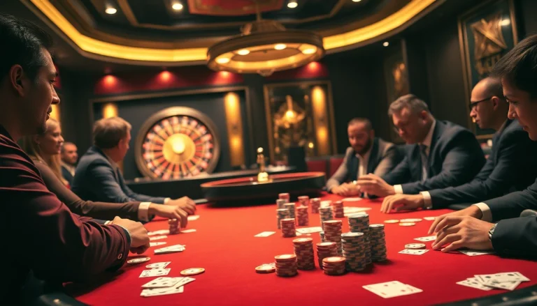 Intense poker action at a casino, engaging players, chips, and cards highlight the thrill of jbo gaming.
