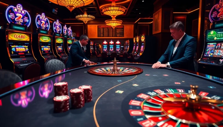 Exciting casino scene with luxurious poker table and roulette wheel highlighting C168 gaming vibes.