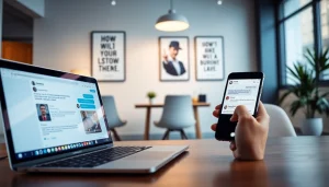 Engaging digital marketing scene illustrating follow in dm with notifications on a laptop and smartphone.