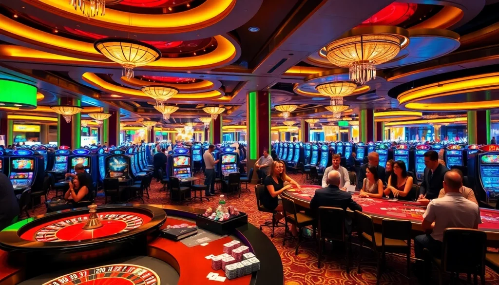 Players enjoying thrilling games at Plus777 casino, showcasing excitement and luxury.