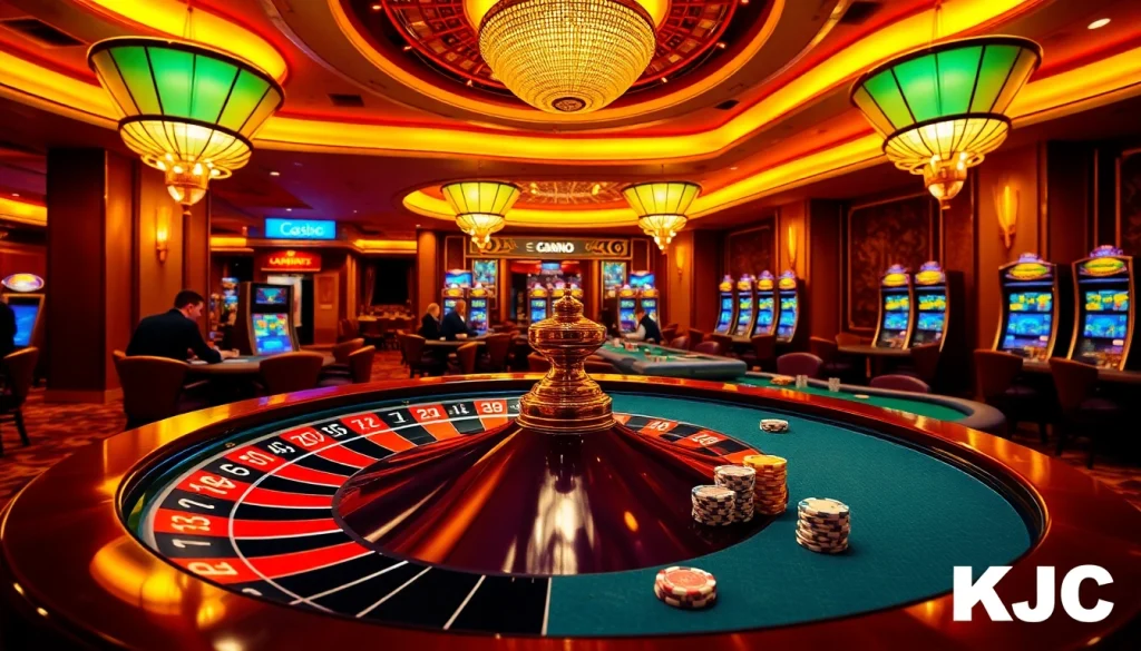 KJC casino scene showcasing high-stakes poker players with chips and vibrant roulette wheel