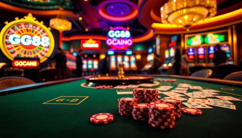 Players strategizing at a GG88 casino table, showcasing poker chips and cards in an inviting atmosphere.
