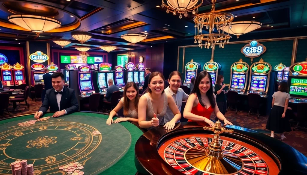 Exciting gambling action at gg88.bz with vibrant poker tables and roulette wheels.