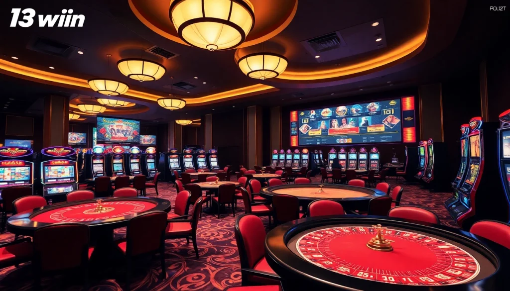 Engaging gamblers at 13win on a luxurious casino floor with vibrant casino tables and bright slot machines.